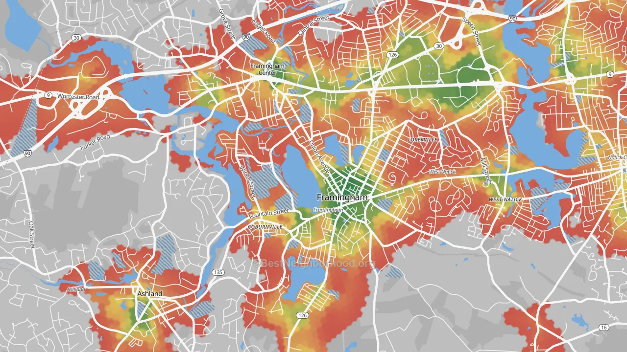 Walk Grade map of 01702, MA, walkable areas in green and car-dependent areas in red