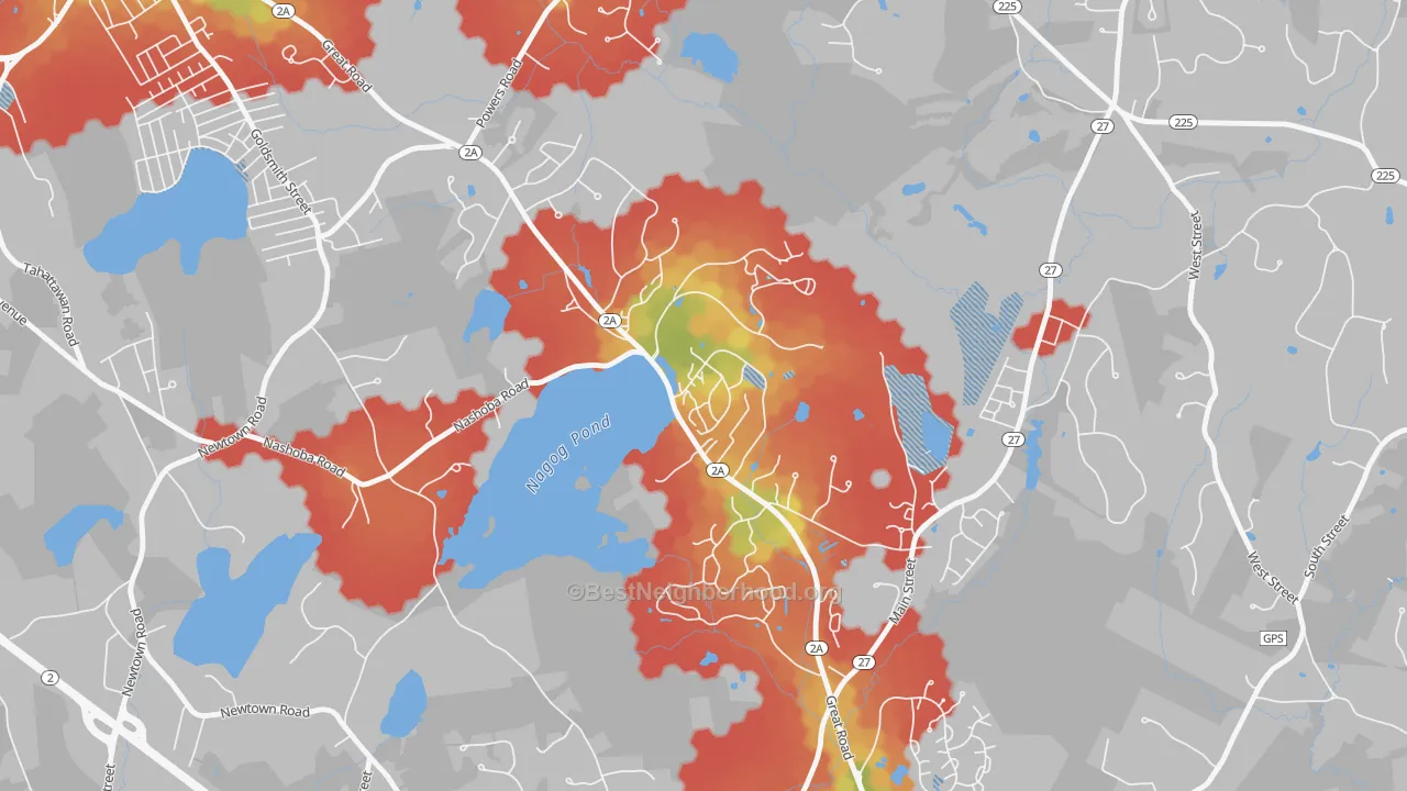 Walk Grade map of 01718, MA, walkable areas in green and car-dependent areas in red
