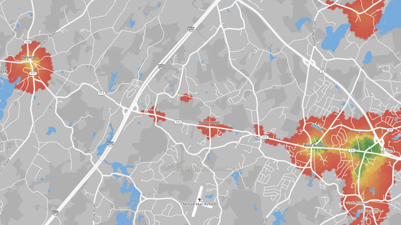 Walk Grade map of 01719, MA, walkable areas in green and car-dependent areas in red