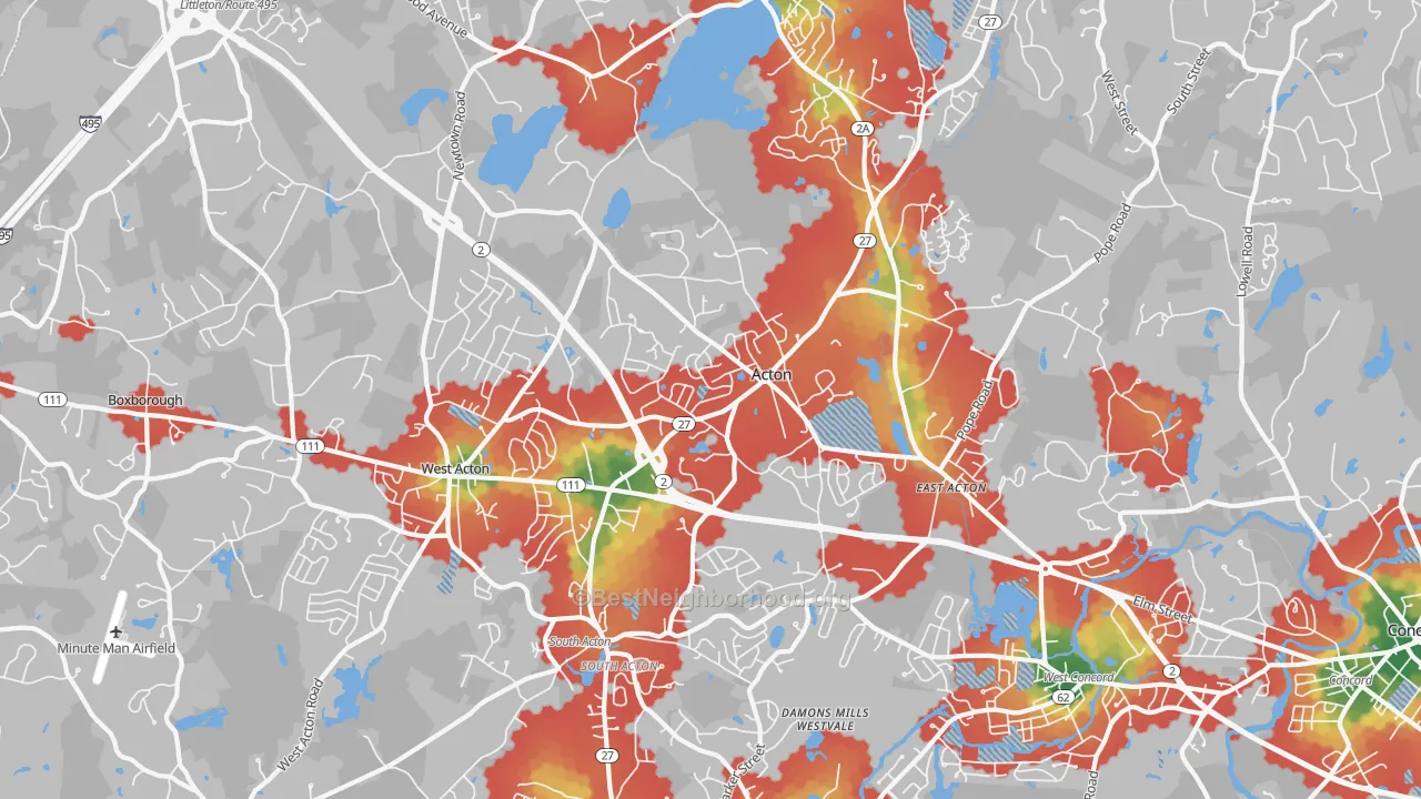 Walk Grade map of 01720, MA, walkable areas in green and car-dependent areas in red