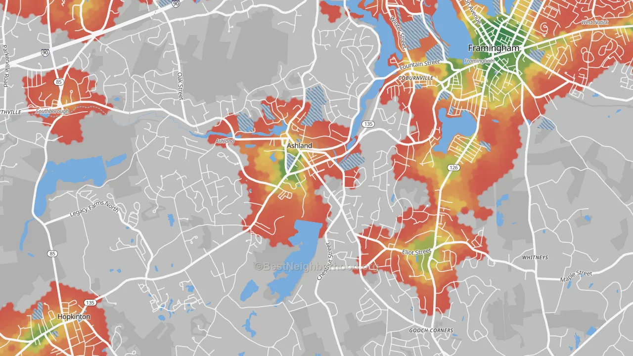 Walk Grade map of 01721, MA, walkable areas in green and car-dependent areas in red