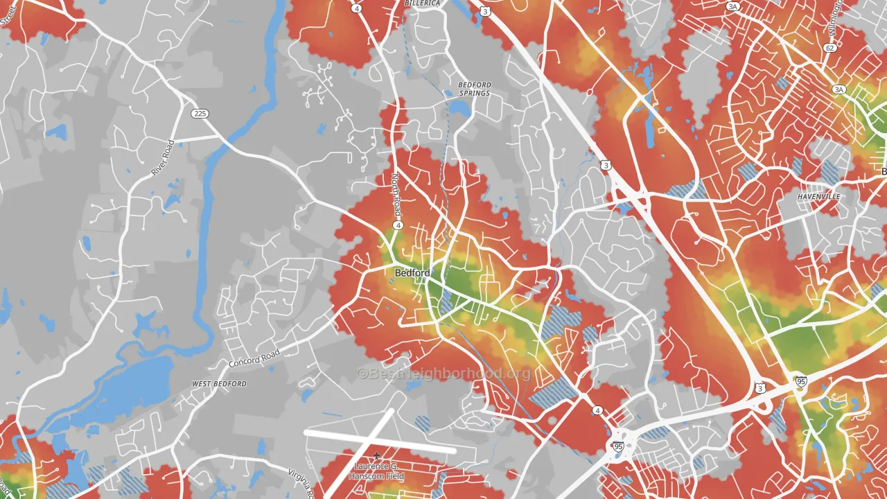 Walk Grade map of 01730, MA, walkable areas in green and car-dependent areas in red