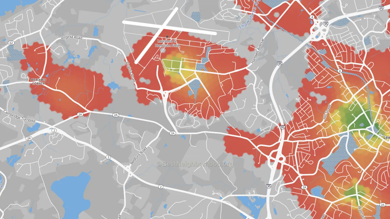 Walk Grade map of 01731, MA, walkable areas in green and car-dependent areas in red