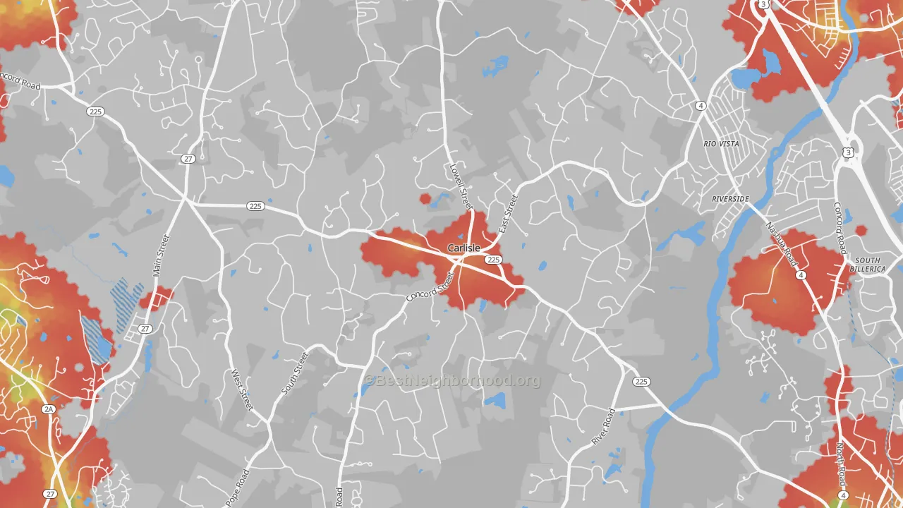 Walk Grade map of 01741, MA, walkable areas in green and car-dependent areas in red