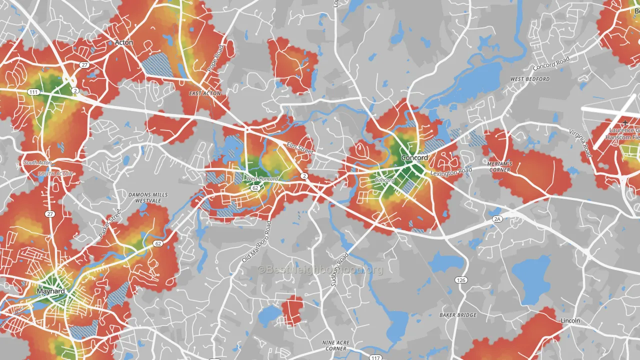 Walk Grade map of 01742, MA, walkable areas in green and car-dependent areas in red