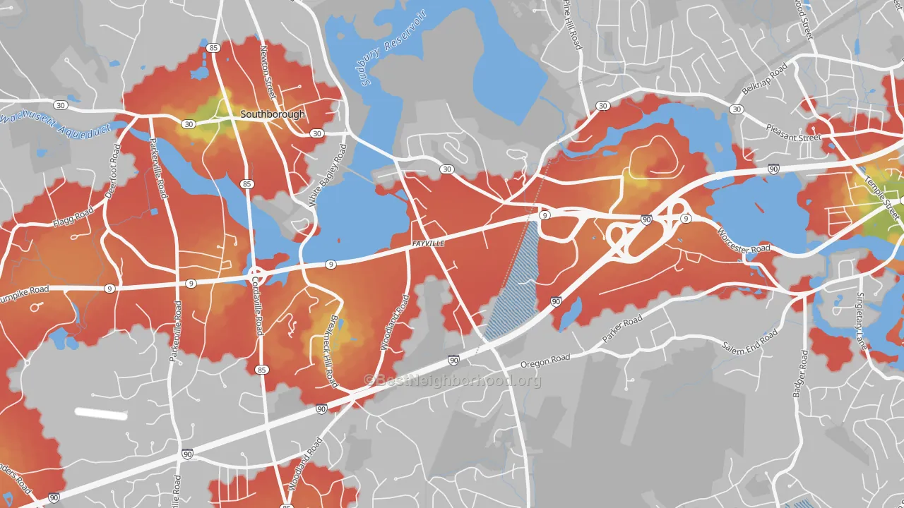 Walk Grade map of 01745, MA, walkable areas in green and car-dependent areas in red