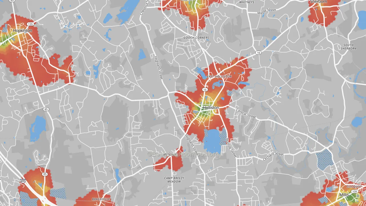 Walk Grade map of 01746, MA, walkable areas in green and car-dependent areas in red
