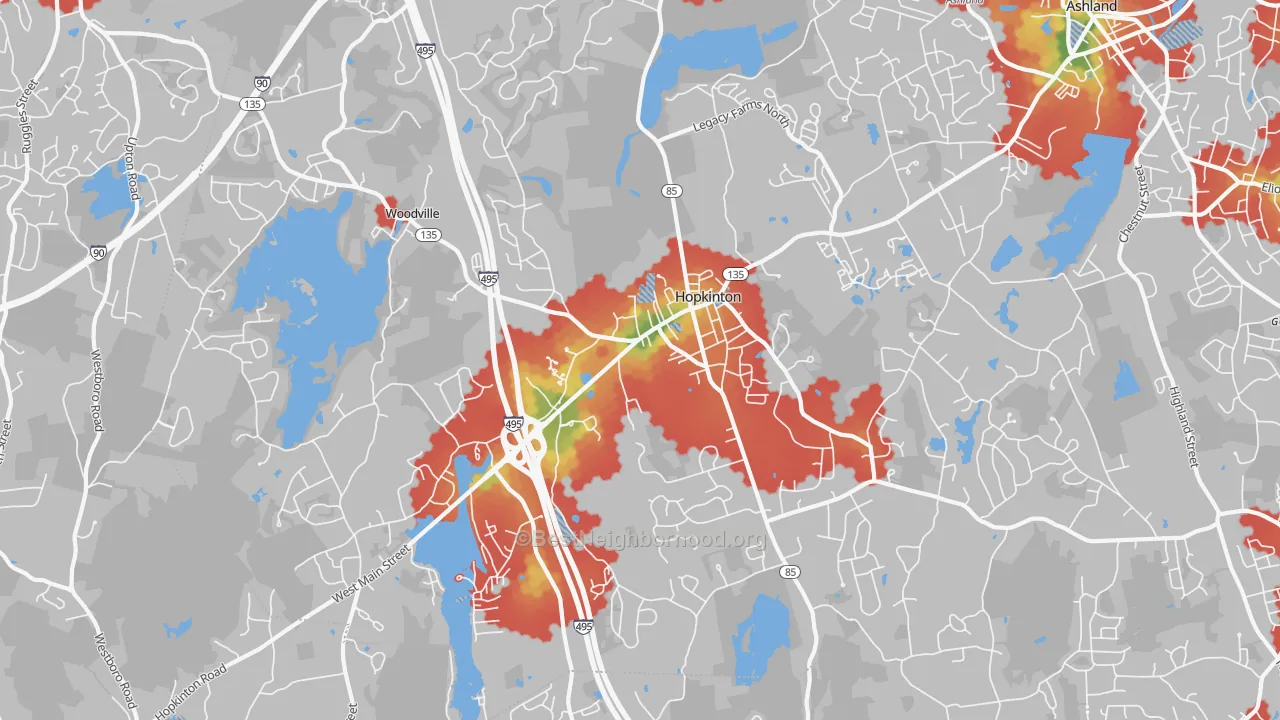 Walk Grade map of 01748, MA, walkable areas in green and car-dependent areas in red
