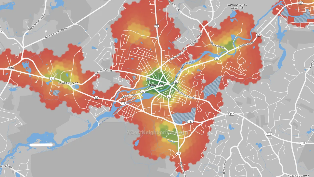 Walk Grade map of 01754, MA, walkable areas in green and car-dependent areas in red
