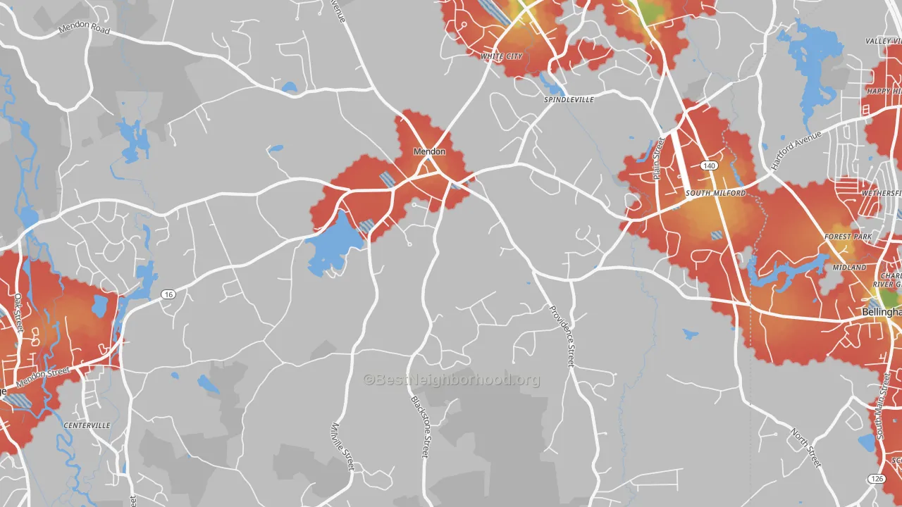 Walk Grade map of 01756, MA, walkable areas in green and car-dependent areas in red