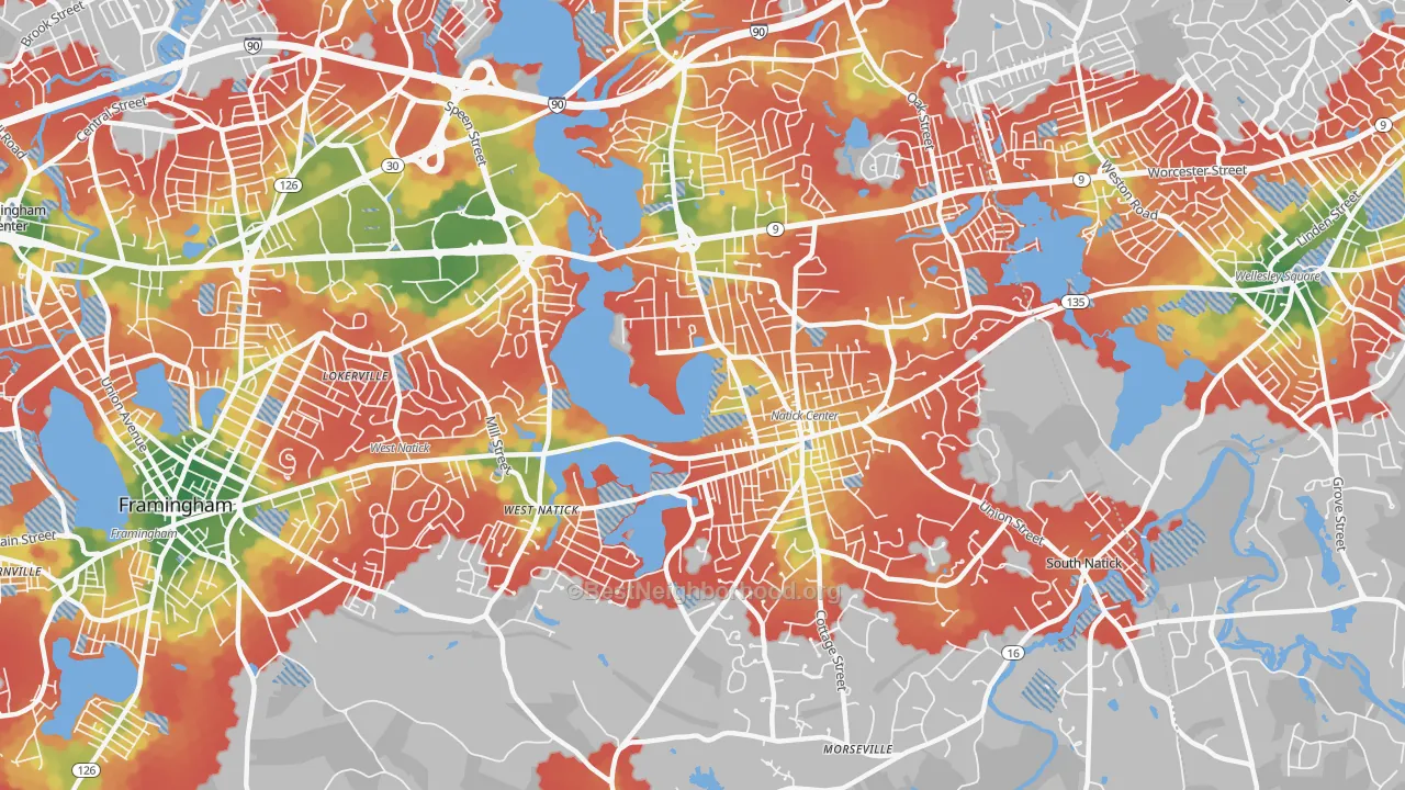 Walk Grade map of 01760, MA, walkable areas in green and car-dependent areas in red