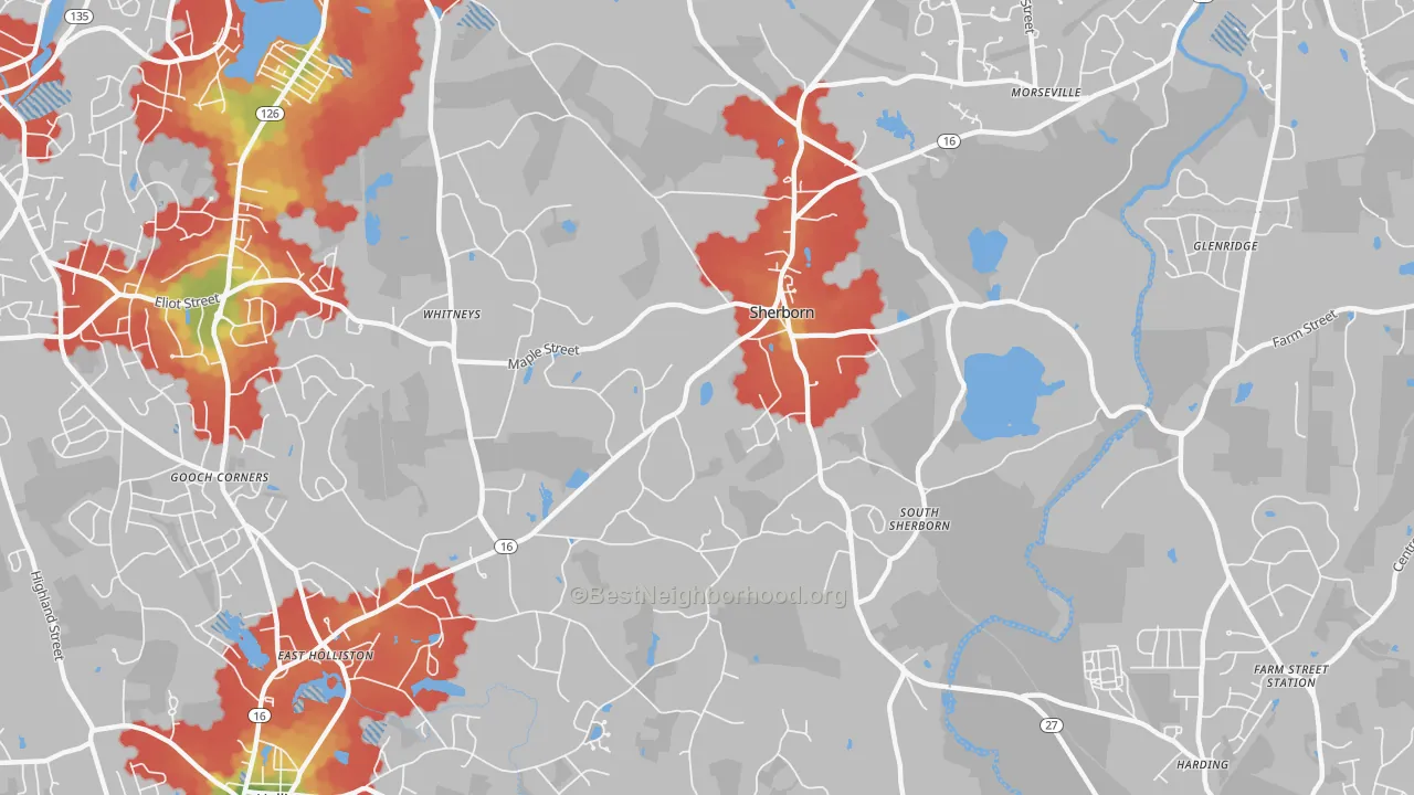 Walk Grade map of 01770, MA, walkable areas in green and car-dependent areas in red