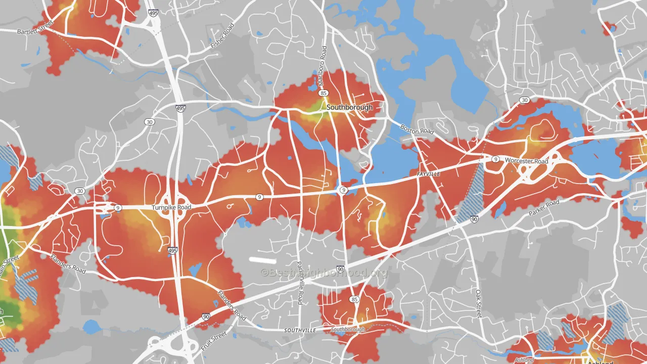 Walk Grade map of 01772, MA, walkable areas in green and car-dependent areas in red