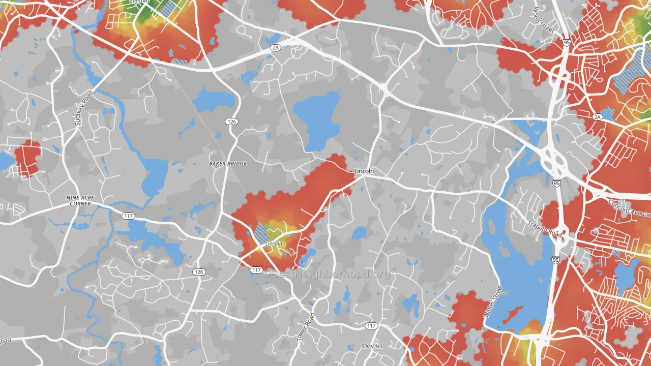 Walk Grade map of 01773, MA, walkable areas in green and car-dependent areas in red
