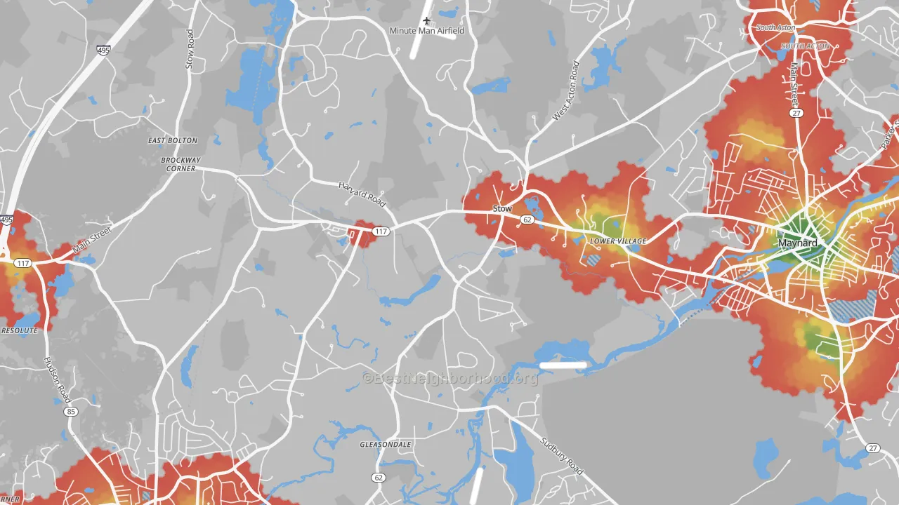 Walk Grade map of 01775, MA, walkable areas in green and car-dependent areas in red
