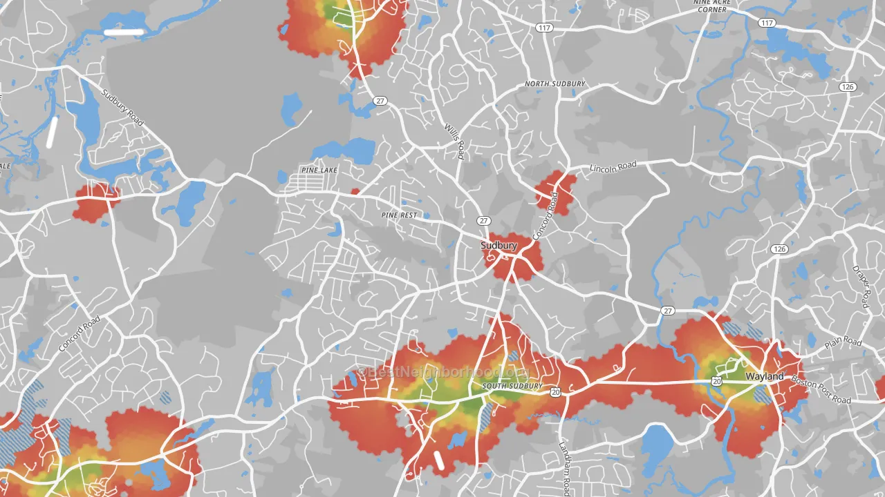 Walk Grade map of 01776, MA, walkable areas in green and car-dependent areas in red