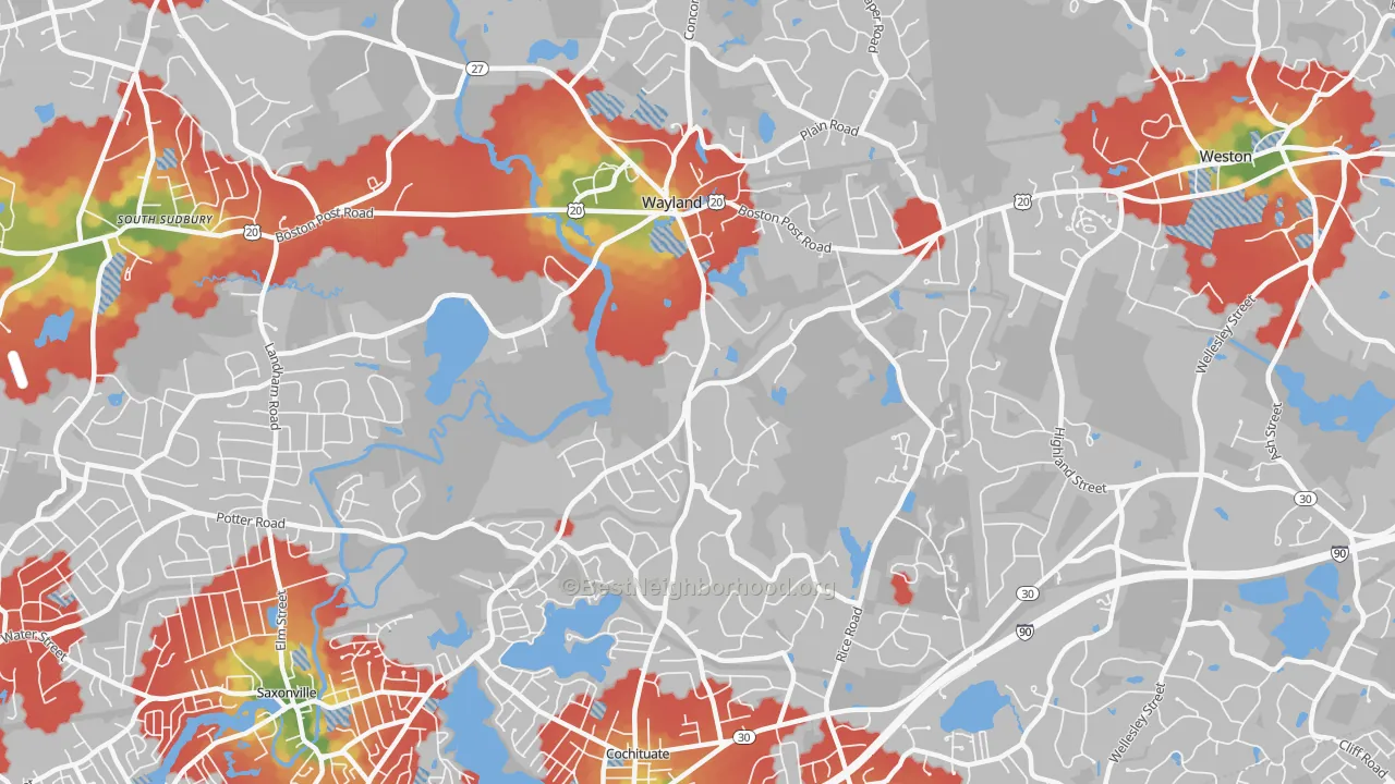 Walk Grade map of 01778, MA, walkable areas in green and car-dependent areas in red
