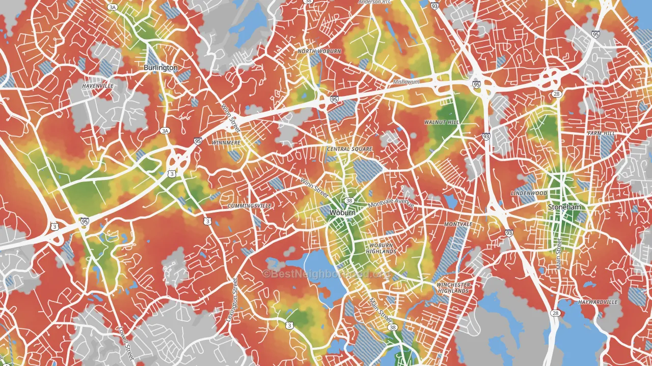 Walk Grade map of 01801, MA, walkable areas in green and car-dependent areas in red