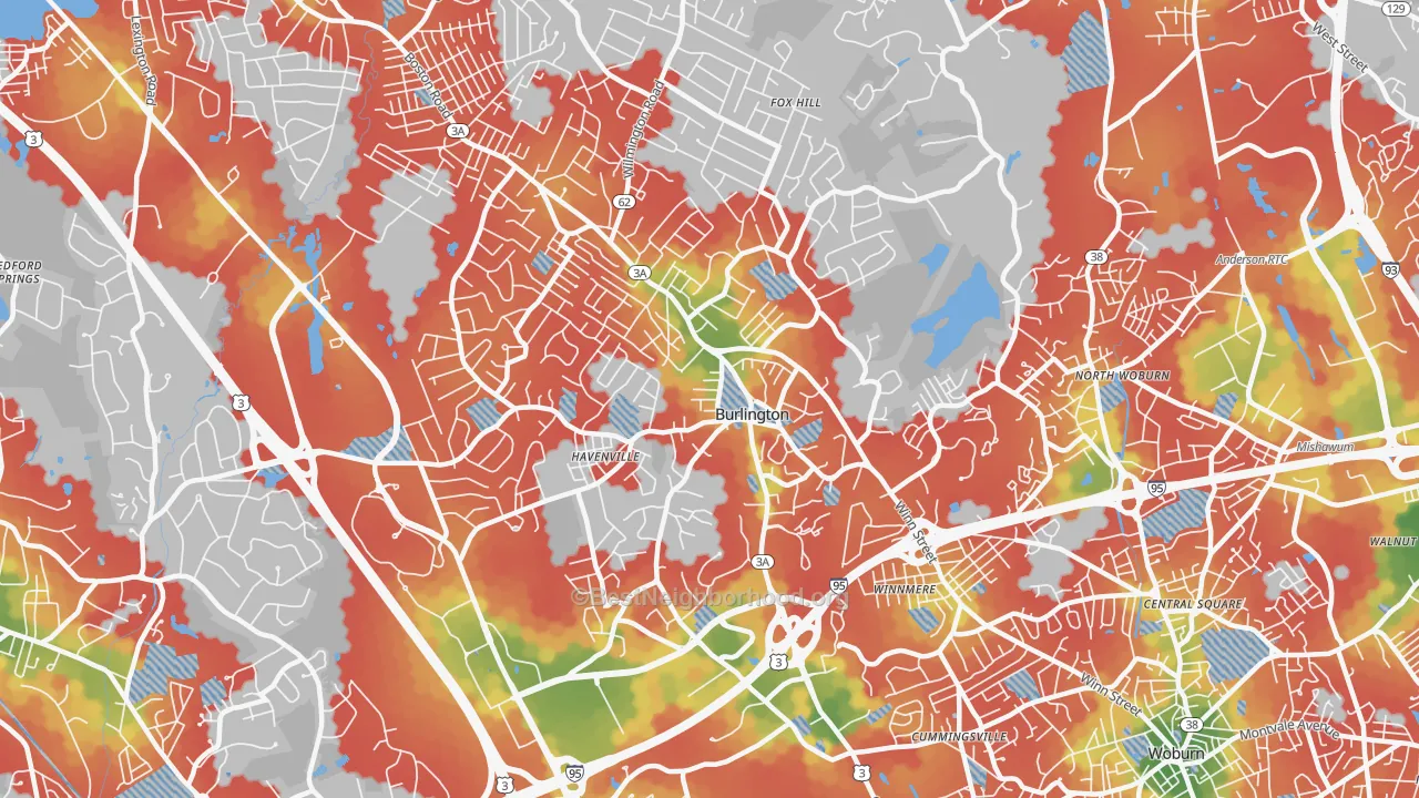 Walk Grade map of 01803, MA, walkable areas in green and car-dependent areas in red