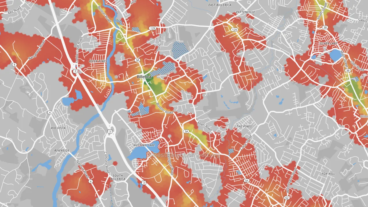 Walk Grade map of 01821, MA, walkable areas in green and car-dependent areas in red