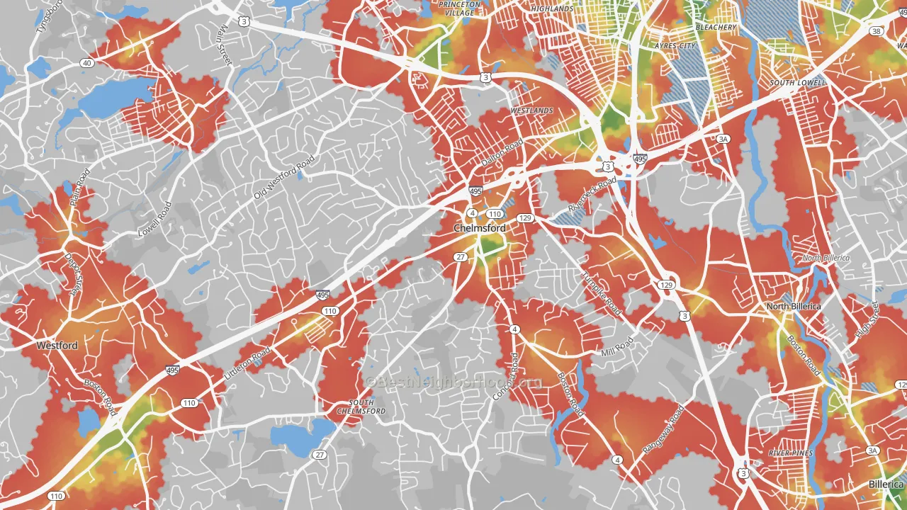 Walk Grade map of 01824, MA, walkable areas in green and car-dependent areas in red