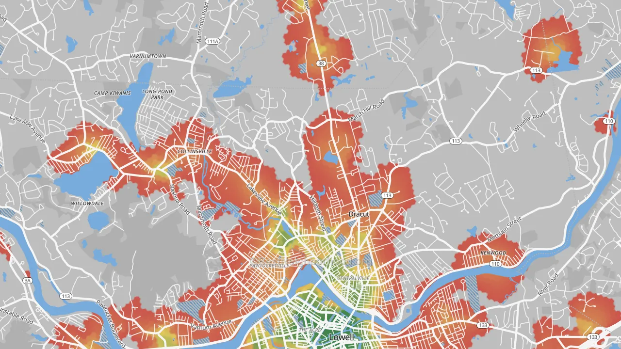 Walk Grade map of 01826, MA, walkable areas in green and car-dependent areas in red