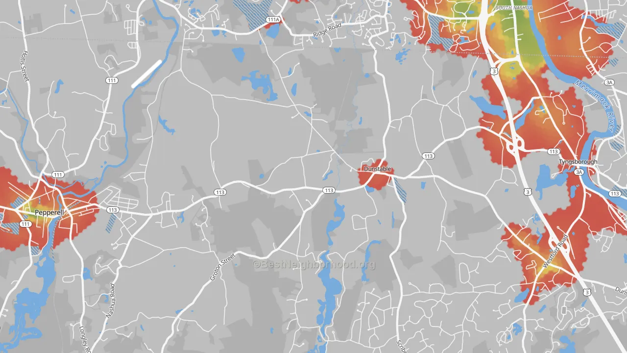 Walk Grade map of 01827, MA, walkable areas in green and car-dependent areas in red