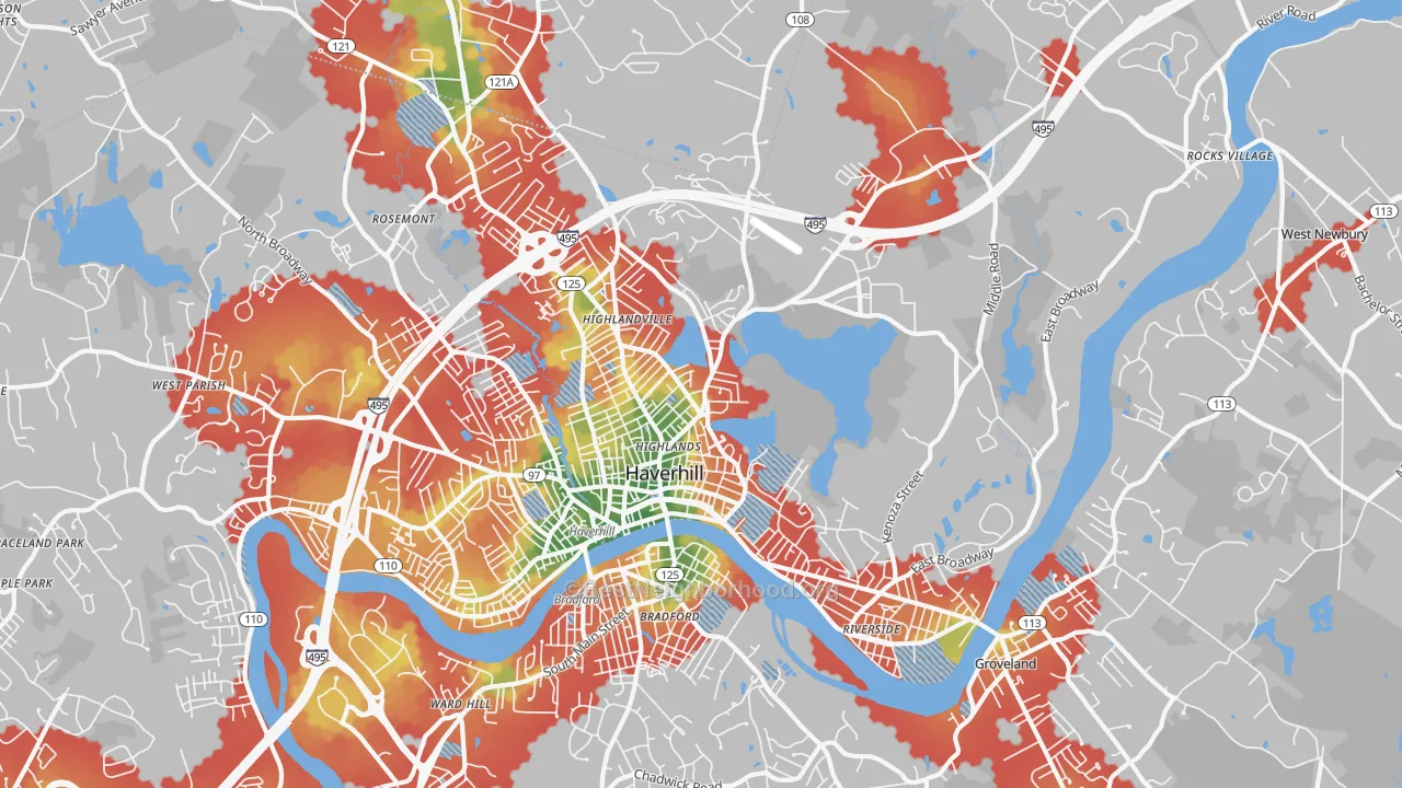 Walk Grade map of 01830, MA, walkable areas in green and car-dependent areas in red