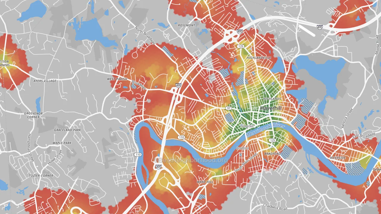 Walk Grade map of 01832, MA, walkable areas in green and car-dependent areas in red
