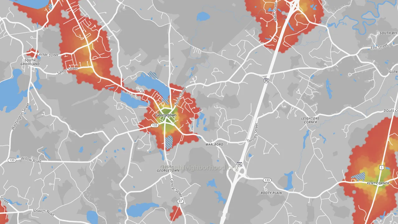 Walk Grade map of 01833, MA, walkable areas in green and car-dependent areas in red