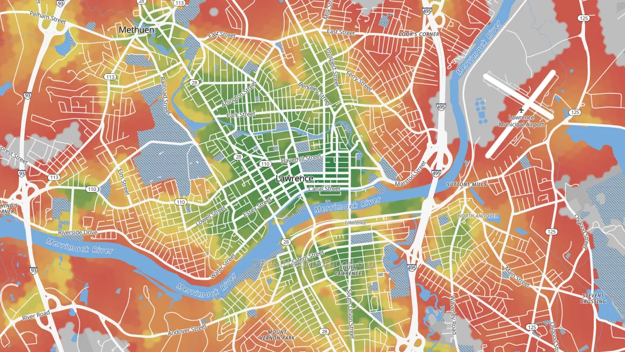 Walk Grade map of 01840, MA, walkable areas in green and car-dependent areas in red