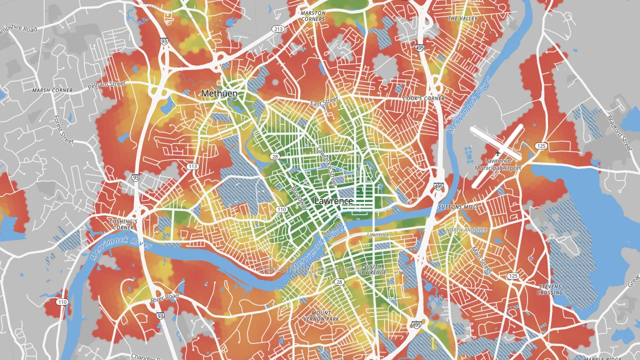 Walk Grade map of 01841, MA, walkable areas in green and car-dependent areas in red