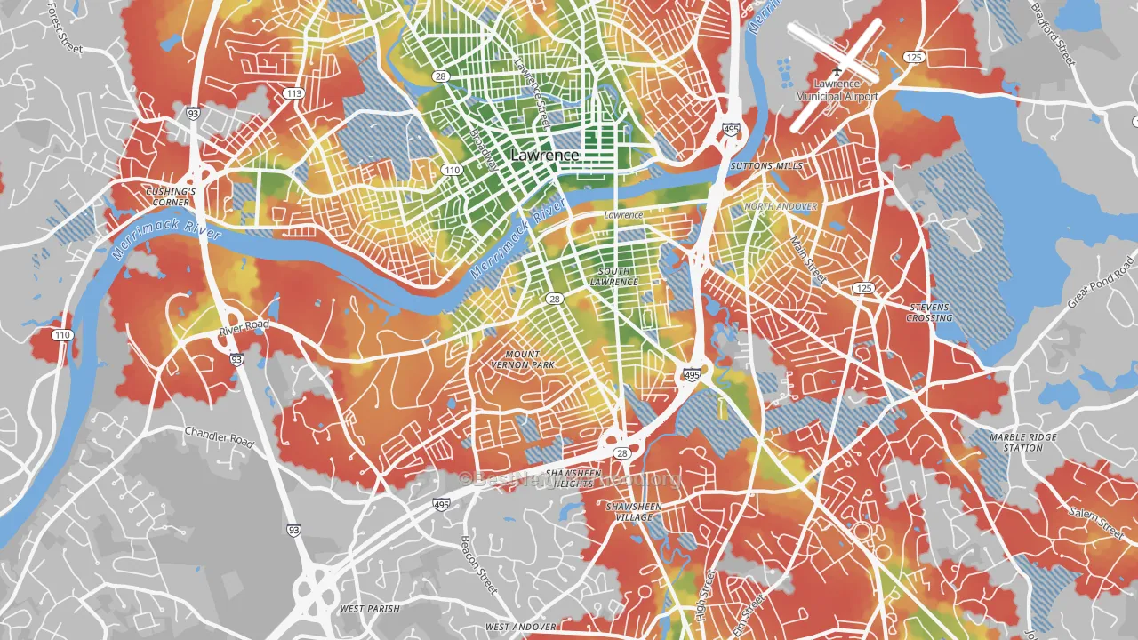 Walk Grade map of 01843, MA, walkable areas in green and car-dependent areas in red