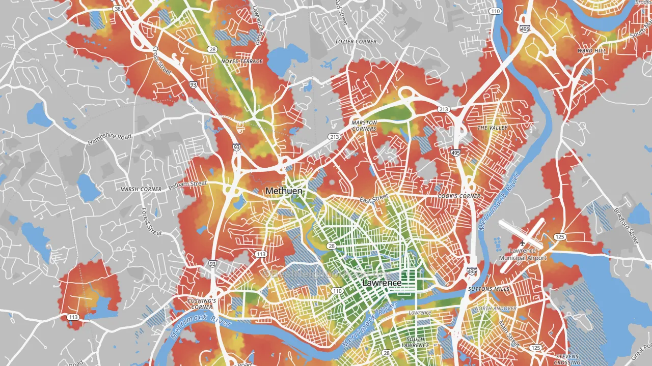 Walk Grade map of 01844, MA, walkable areas in green and car-dependent areas in red