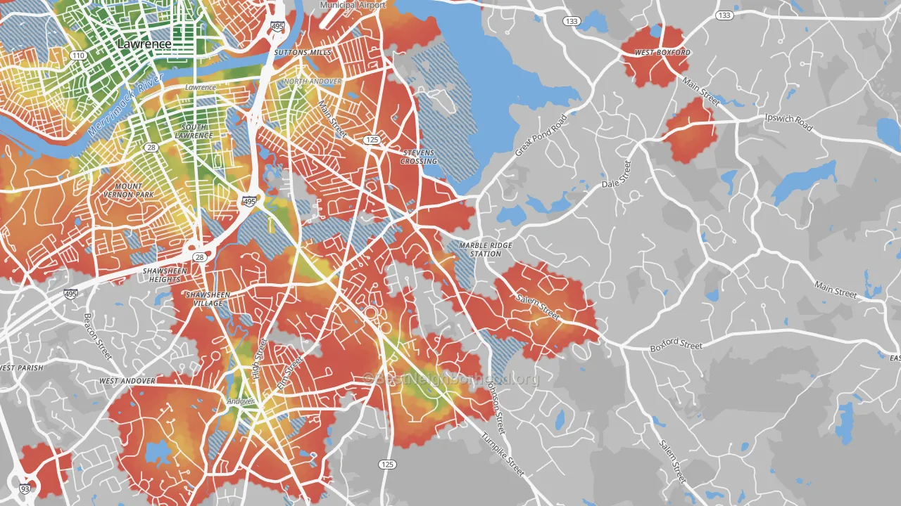 Walk Grade map of 01845, MA, walkable areas in green and car-dependent areas in red