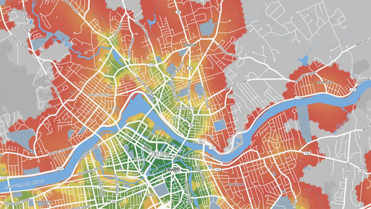 Walk Grade map of 01850, MA, walkable areas in green and car-dependent areas in red