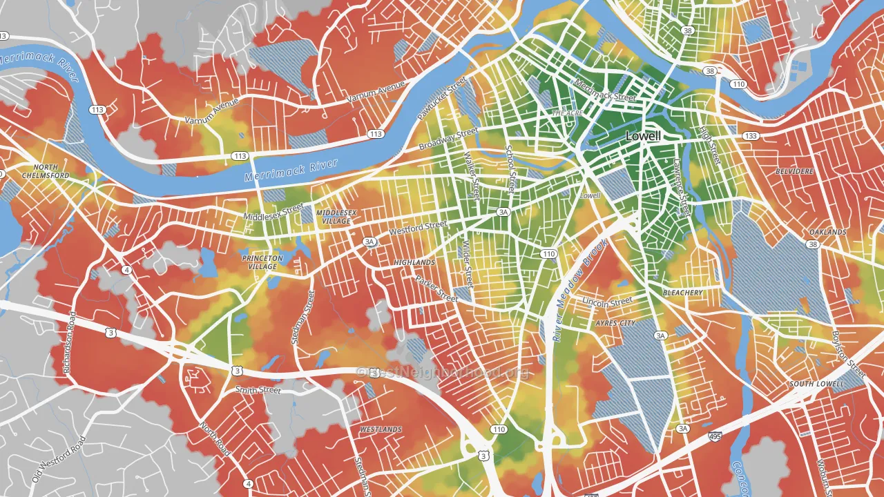 Walk Grade map of 01851, MA, walkable areas in green and car-dependent areas in red