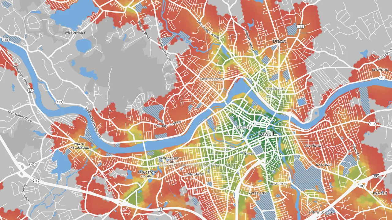 Walk Grade map of 01854, MA, walkable areas in green and car-dependent areas in red