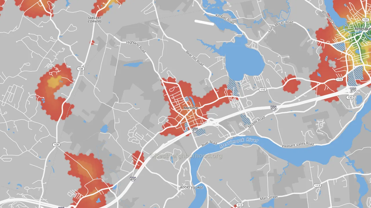 Walk Grade map of 01860, MA, walkable areas in green and car-dependent areas in red