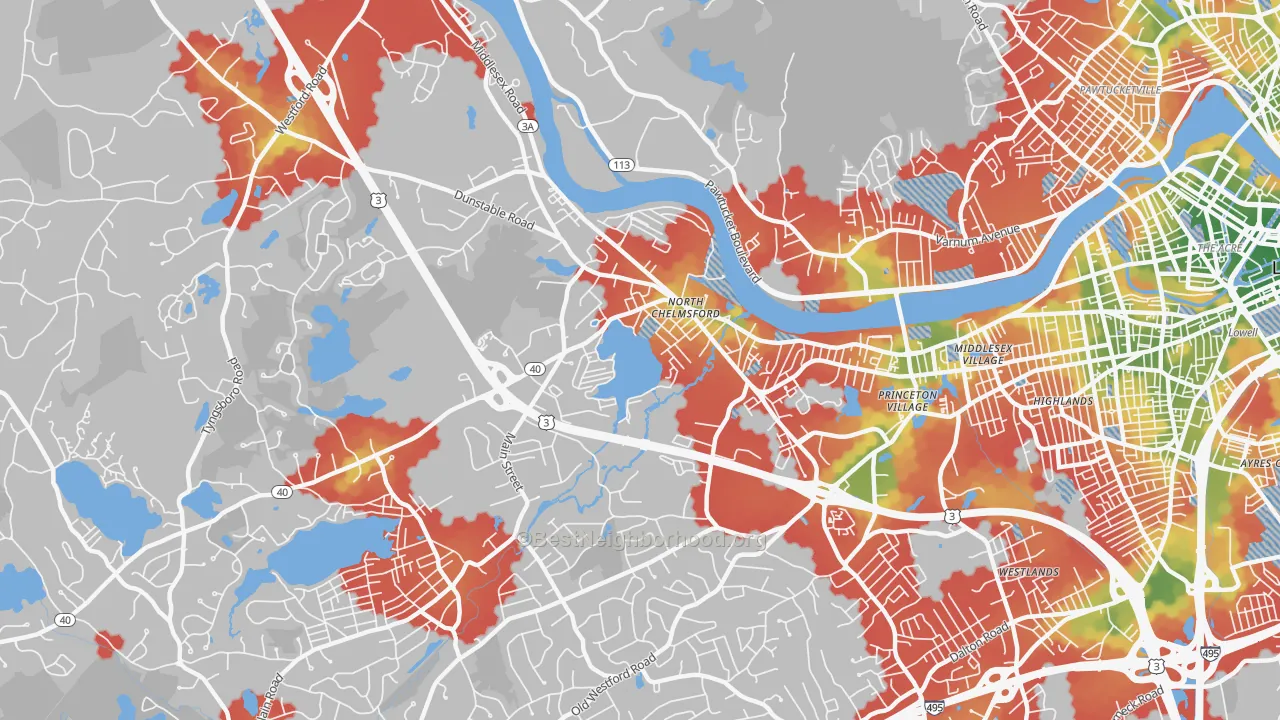 Walk Grade map of 01863, MA, walkable areas in green and car-dependent areas in red