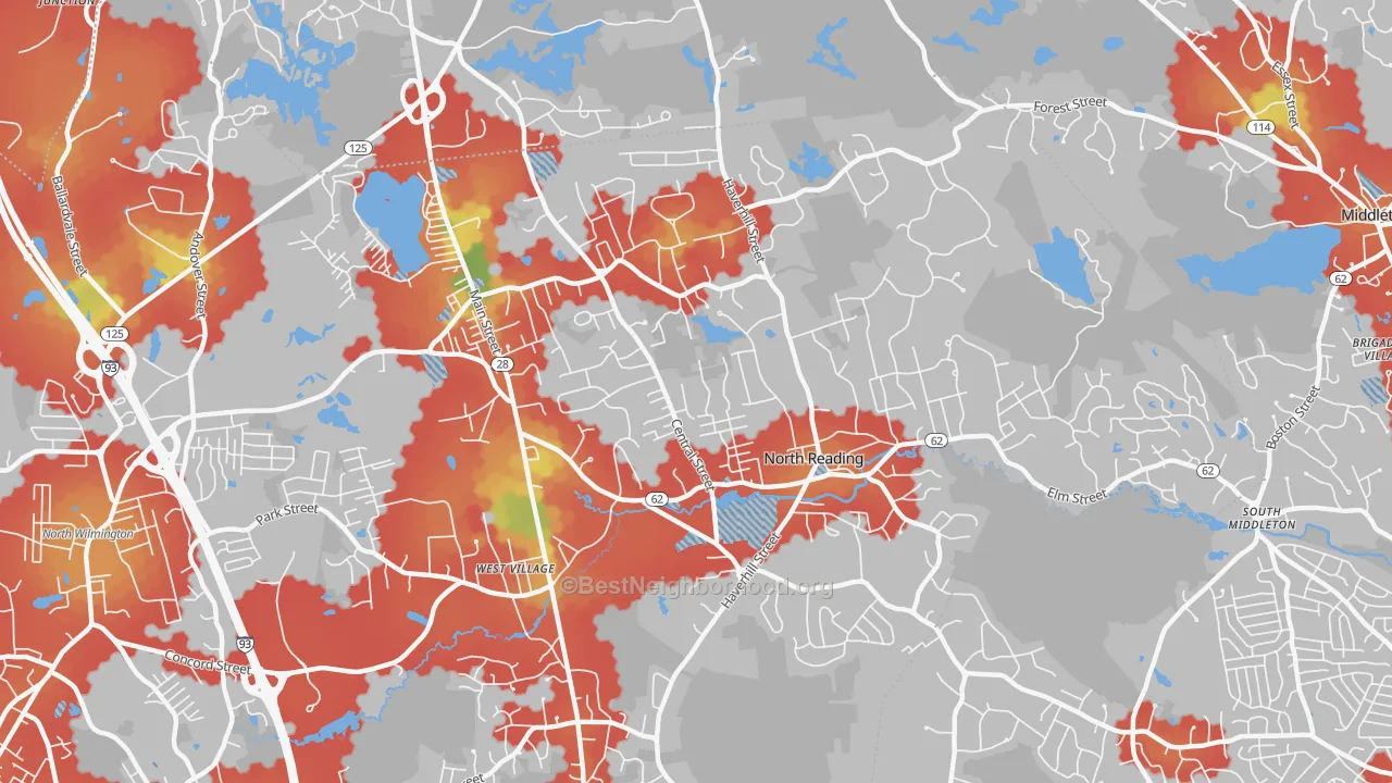 Walk Grade map of 01864, MA, walkable areas in green and car-dependent areas in red