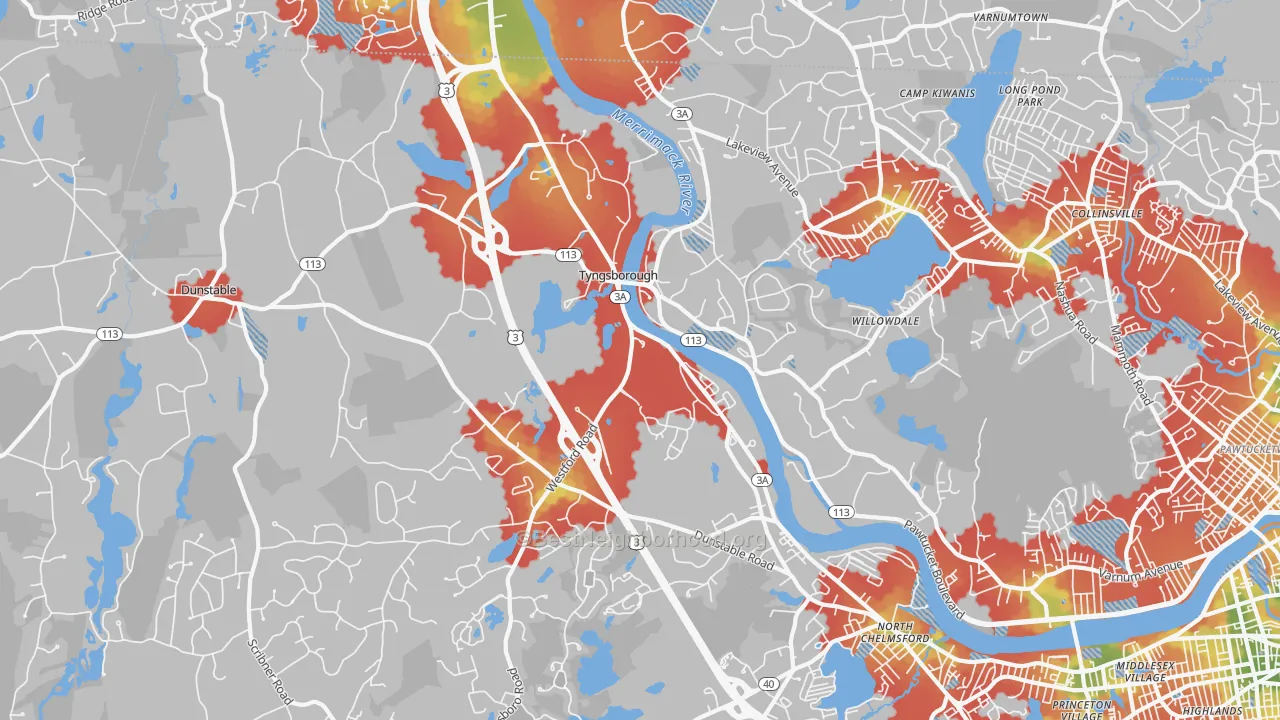 Walk Grade map of 01879, MA, walkable areas in green and car-dependent areas in red