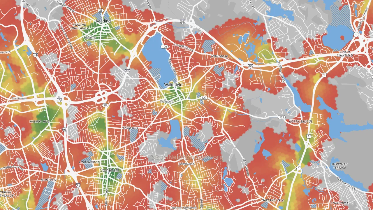 Walk Grade map of 01880, MA, walkable areas in green and car-dependent areas in red