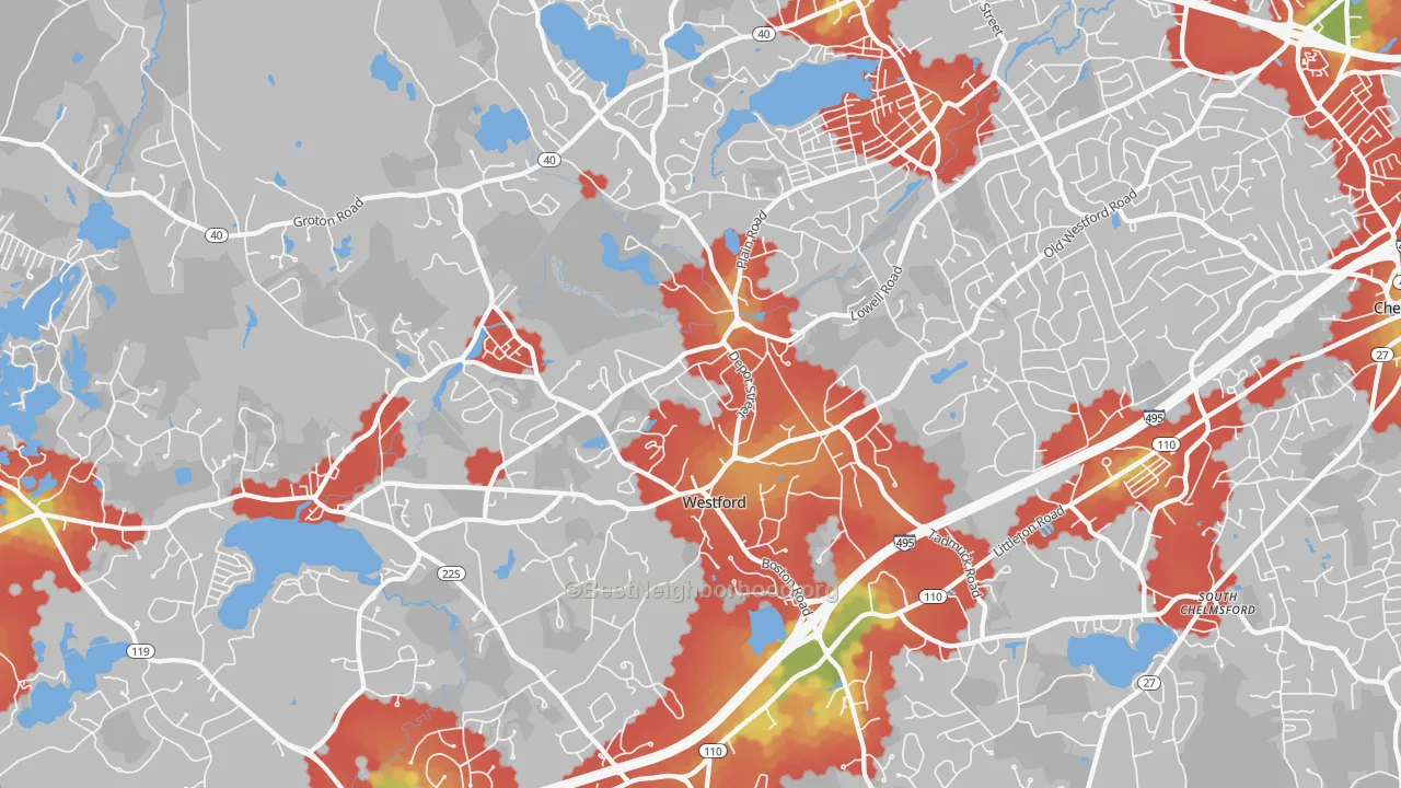 Walk Grade map of 01886, MA, walkable areas in green and car-dependent areas in red