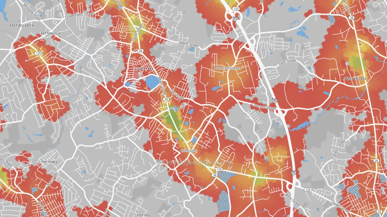 Walk Grade map of 01887, MA, walkable areas in green and car-dependent areas in red