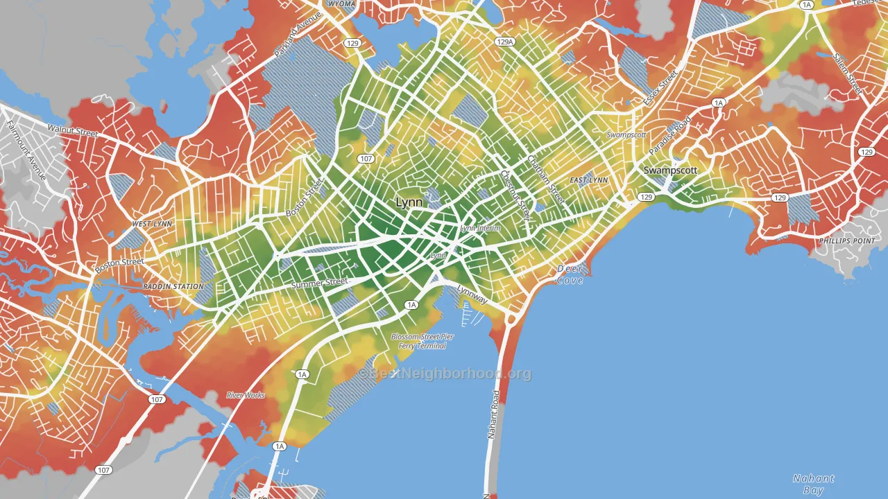 Walk Grade map of 01901, MA, walkable areas in green and car-dependent areas in red