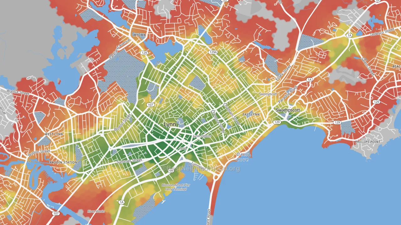 Walk Grade map of 01902, MA, walkable areas in green and car-dependent areas in red