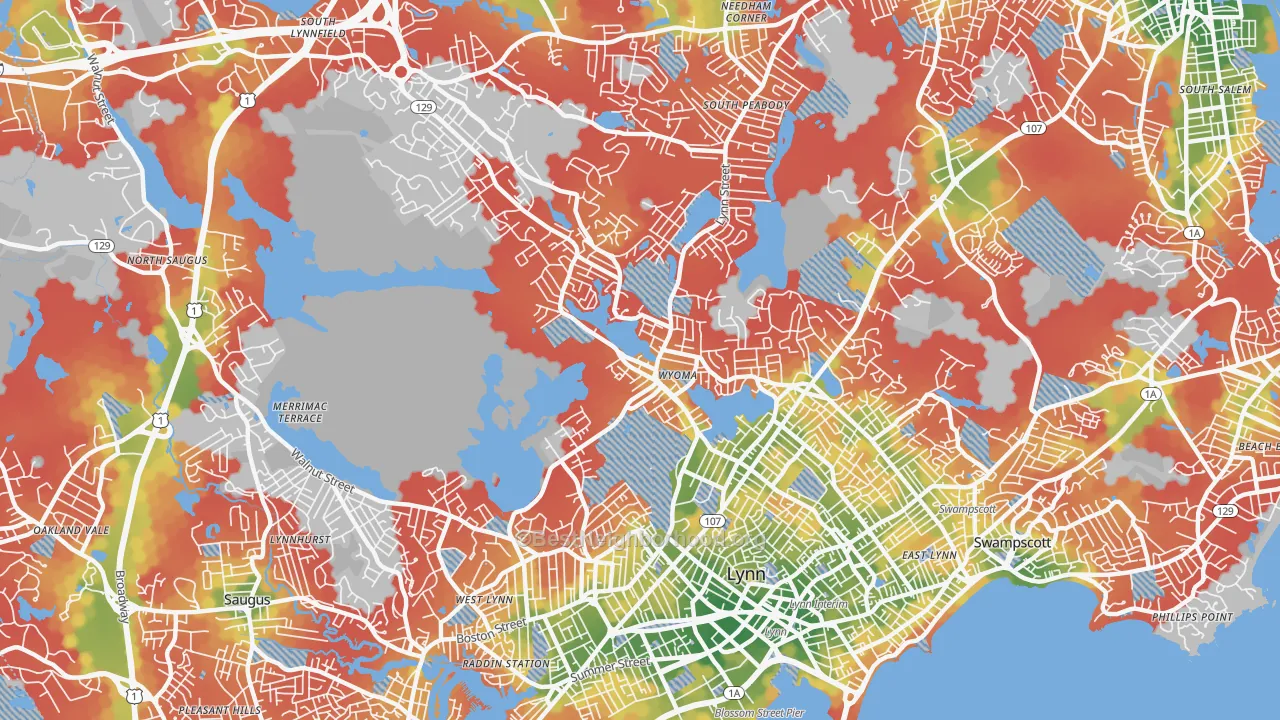 Walk Grade map of 01904, MA, walkable areas in green and car-dependent areas in red