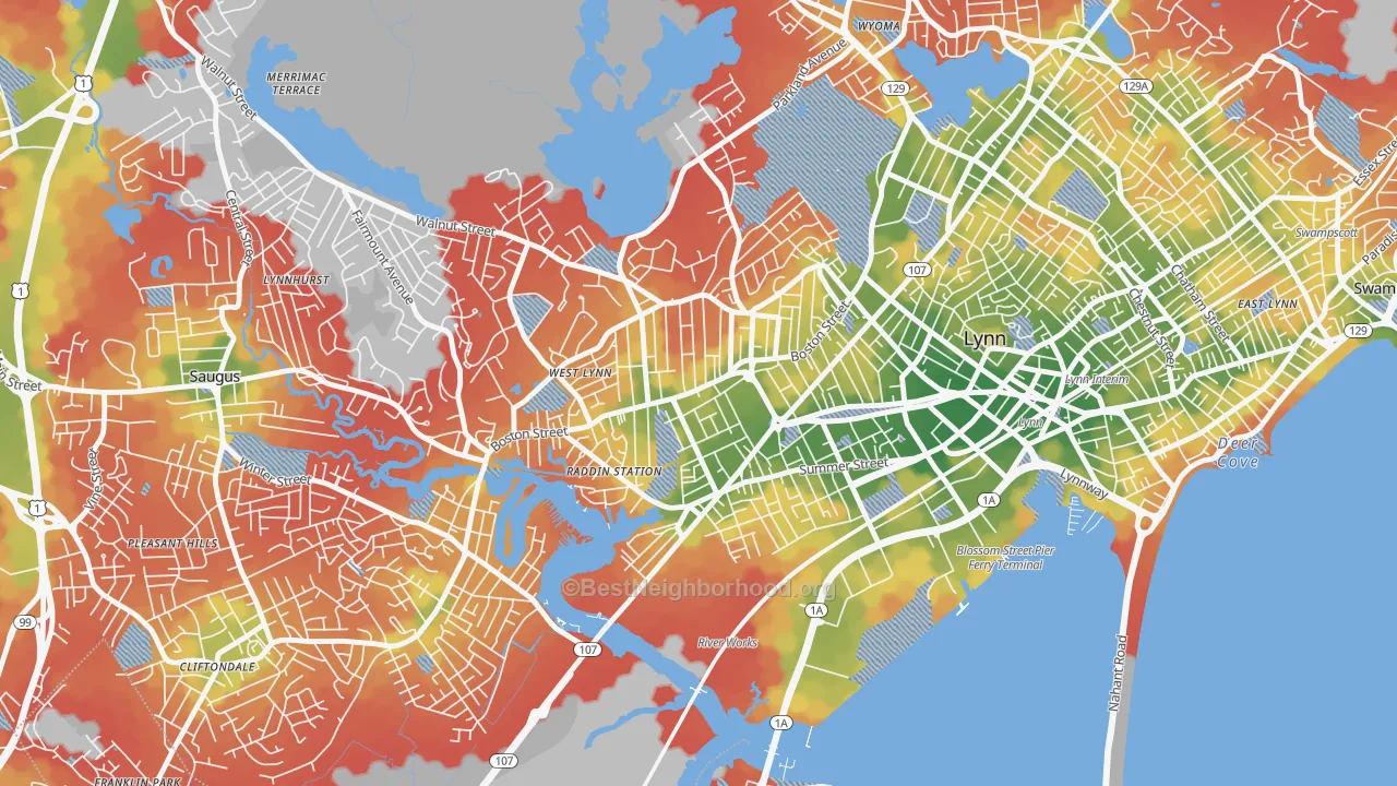Walk Grade map of 01905, MA, walkable areas in green and car-dependent areas in red