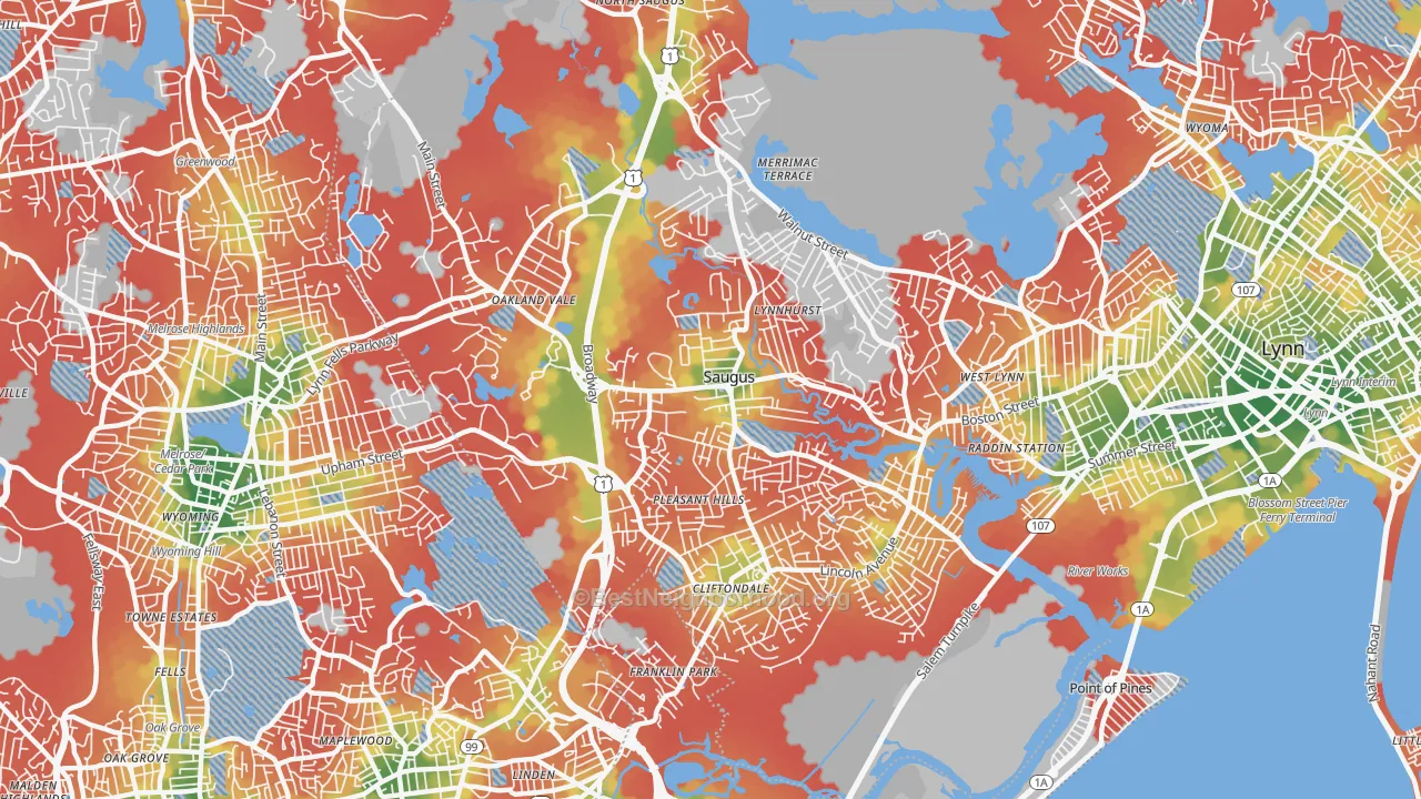 Walk Grade map of 01906, MA, walkable areas in green and car-dependent areas in red